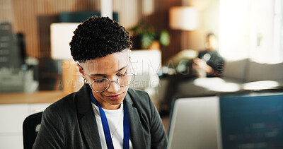 Buy stock photo Woman, computer and review with smile at office for software development, notes and insight at tech company. Person, programmer and happy with glasses, coding and problem solving at startup IT agency