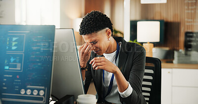 Buy stock photo Frustrated, woman and programmer with headache in office for overworked, pressure or strain. Tired, female person or coder with migraine, pain or sore ache on computer for mistake or program error