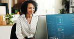 Reading, code and happy woman with computer screen in office, coder and research for project on web. Review, online and person with tech for software development, programming and cybersecurity update