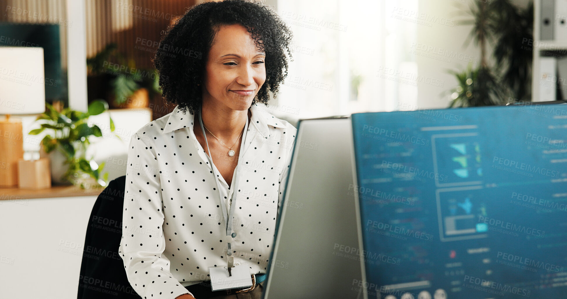 Buy stock photo Reading, code and happy woman with computer screen in office, coder and research for project on web. Review, online and person with tech for software development, programming and cybersecurity update