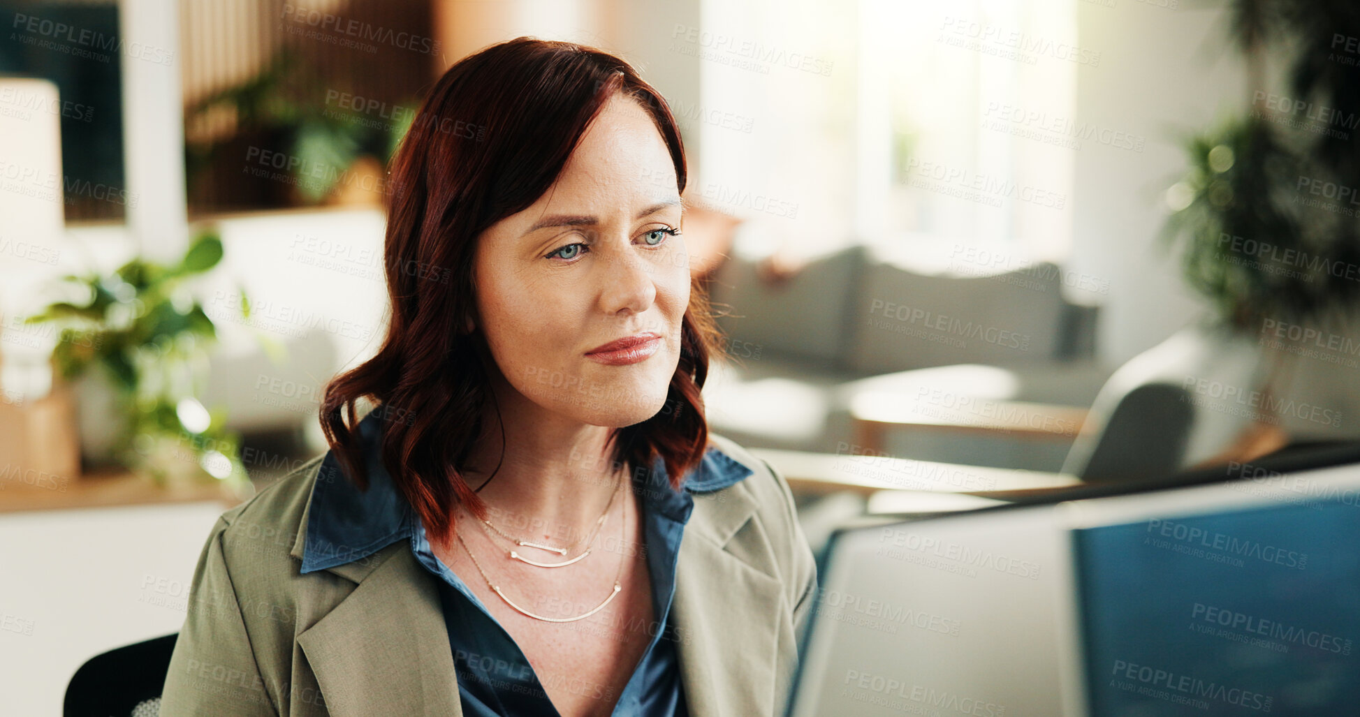 Buy stock photo Reading, online and businesswoman with computer in office, programmer or research for project on web. Review, code and person with tech for software development, confident and cybersecurity update
