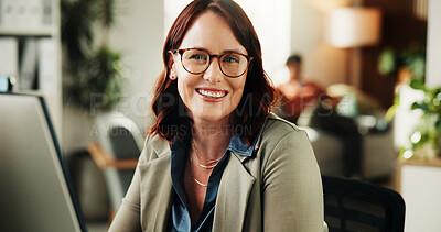 Buy stock photo Woman, computer and portrait with smile at office for software development, pride or glasses at tech company. Person, programmer and pc for solution, coding or problem solving at startup IT agency
