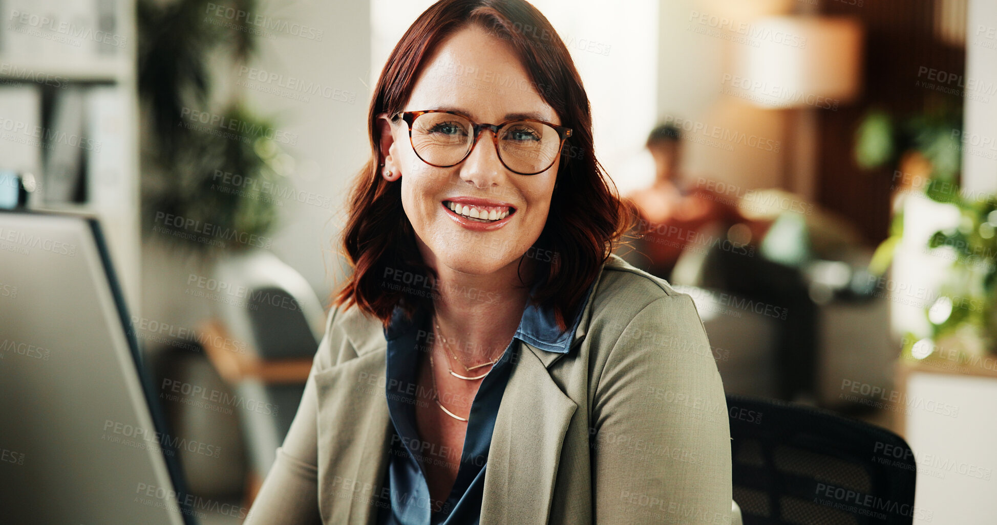 Buy stock photo Woman, computer and portrait with smile at office for software development, pride or glasses at tech company. Person, programmer and pc for solution, coding or problem solving at startup IT agency