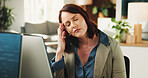 Tired, woman and headache with stress in office for overworked, pressure or strain. Frustrated, female person or employee with migraine, pain or sore ache for mistake, fatigue or burnout in workplace