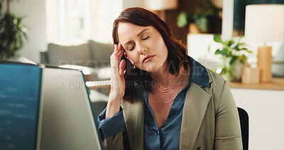 Buy stock photo Tired, woman and headache with stress in office for overworked, pressure or strain. Frustrated, female person or employee with migraine, pain or sore ache for mistake, fatigue or burnout in workplace
