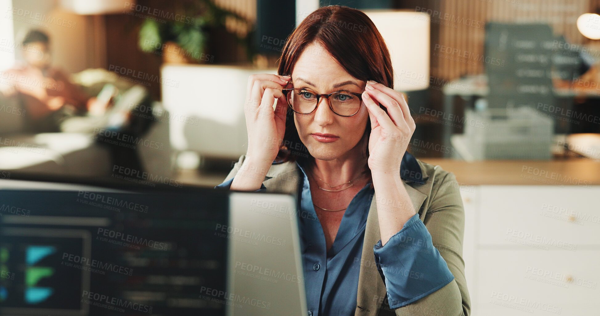 Buy stock photo Glasses, reading and woman on computer for coding ai software, testing system and website ui. Eyewear, office and mature person with frames for programming, quality analyst and research for project
