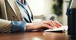 Hands, computer and programmer at office with project, typing and review report for coding at company. Person, tech and IT developer with software engineer, proposal or feedback with notes at agency