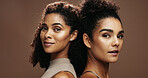 Women, skincare and friends with beauty in studio for portrait, confidence and smile on background. People, natural cosmetics and happy with pride for glow, hydration and wellness in Costa Rica