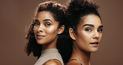 Buy stock photo Women, skincare and friends with beauty for portrait, confidence and smile on studio background. People, natural cosmetics and happy with pride for glow, hydration and wellness in Costa Rica