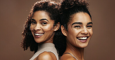Buy stock photo Women, happy and friends with beauty in portrait, confidence and skincare on studio background. People, natural cosmetics and smile with pride for glow, hydration and wellness in Costa Rica