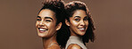 Women, friends and smile for beauty in studio for portrait, confident and skincare on banner on background. People, natural cosmetics and happy for glow, hydration or space for wellness in Costa Rica