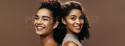Buy stock photo Women, friends and smile for beauty in portrait, confident and skincare in banner on studio background. People, natural cosmetics and happy for glow, hydration or space for wellness in Costa Rica