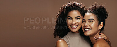 Buy stock photo Women, hug and friends with beauty in studio for portrait, mockup space and skincare on background. Happy people, natural cosmetics and embrace with pride for glow, banner and wellness in Costa Rica