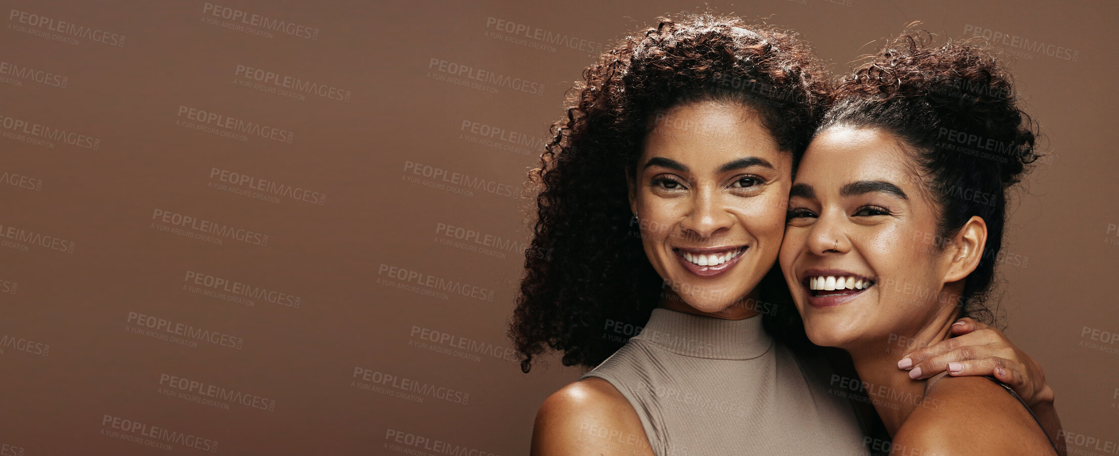 Buy stock photo Women, hug and friends with beauty in studio for portrait, mockup space and skincare on background. Happy people, natural cosmetics and embrace with pride for glow, banner and wellness in Costa Rica
