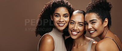 Buy stock photo Portrait, women and group in studio with skincare, bonding together and smile for makeup aesthetic. Banner, space and happy friends with dermatology, support and beauty community on brown background.