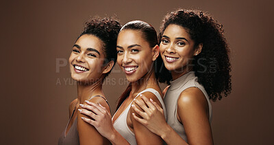 Buy stock photo Portrait, group and women with makeup for beauty, happiness or self care with cosmetics for wellness. Studio background, space and people with smile for skincare, embrace and dermatology in Brazil