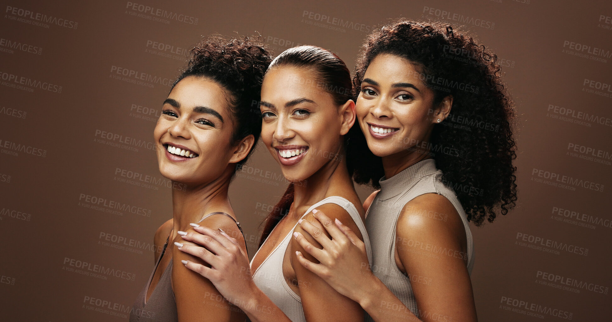 Buy stock photo Portrait, group and women with makeup for beauty, happiness or self care with cosmetics for wellness. Studio background, space and people with smile for skincare, embrace and dermatology in Brazil
