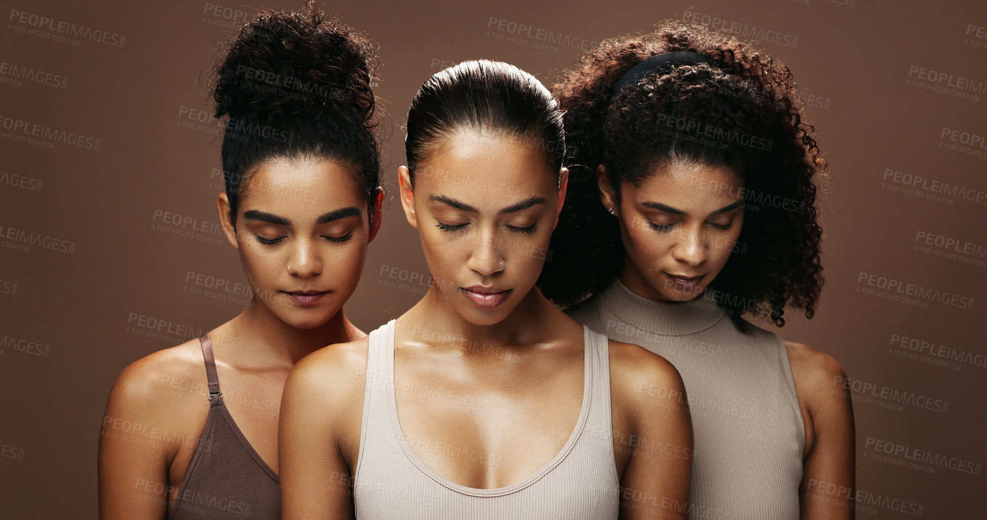 Buy stock photo Skincare, beauty and group of women in studio with natural, health and facial wellness with relax. Calm, support and female people with face dermatology for cosmetic glow together by brown background
