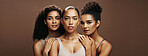 Portrait, women and confident with makeup in studio for beauty, natural glow and inclusion. Serious, people and friends with banner, facial cosmetics and solidarity for aesthetic on brown background