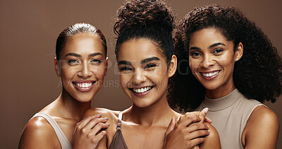 Buy stock photo Group, happiness and women with makeup for beauty, portrait or self care with cosmetics for wellness. Studio background, sisters and people with smile for skincare, embrace and dermatology in Brazil