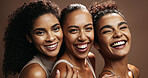 Group, makeup and women with smile for support, laughing and pride with cosmetics for glow or beauty. Studio background, people and dermatology for healthy skin, embrace and happiness in Brazil