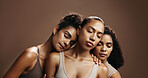 Group, women and friends with makeup in studio for beauty, natural glow and inclusion. Space, people or sleeping with confidence, facial cosmetics and skincare shine for aesthetic on brown background