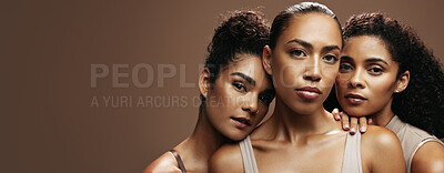 Buy stock photo Women, skincare or banner with makeup in studio for beauty spa or salon on a brown background. Female people, model or glow up in row or line with shine or empowerment for cosmetics together on space