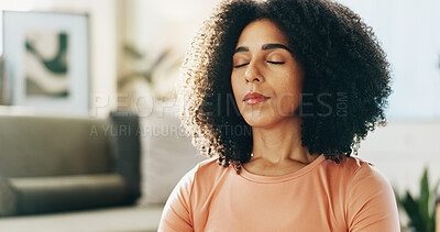Buy stock photo Breathing, calm and woman in home for meditation with mindfulness, relax or peace in morning. Wellness, yoga and female person in living room with balance, health or grounding ritual in apartment.
