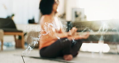 Buy stock photo Incense stick, meditate and woman with smoke in home lounge for wellness, self care and lotus for zen. Female person, yoga and aromatherapy for meditation, relax and calm in house with aroma or scent
