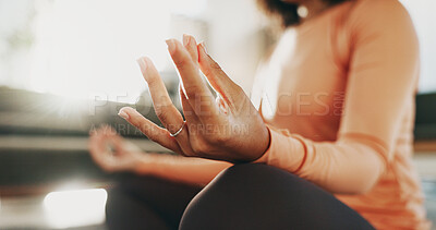 Buy stock photo Meditation, hands and woman with lotus pose in home for calm, relax or mindfulness in morning. Peace, yoga and female person in living room with self care, health or wellness in healing at apartment.