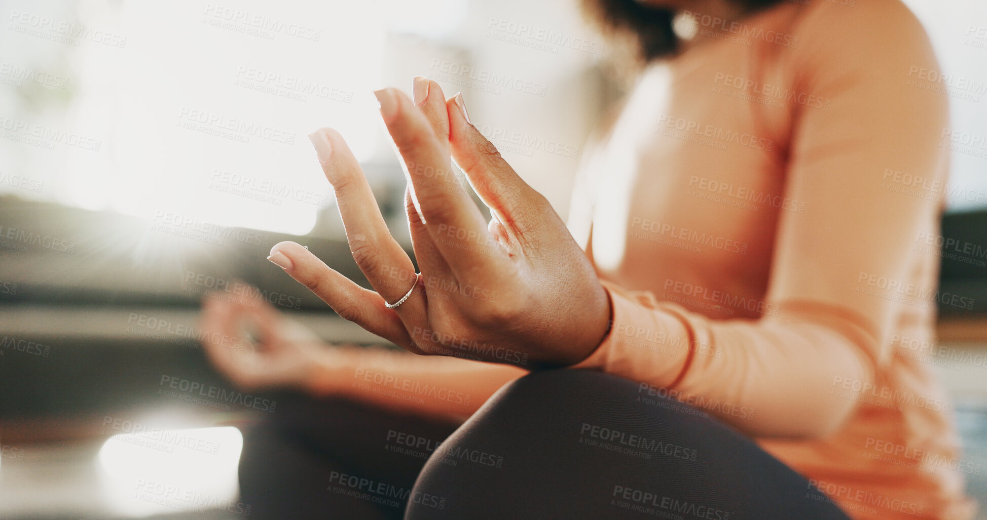 Buy stock photo Meditation, hands and woman with lotus pose in home for calm, relax or mindfulness in morning. Peace, yoga and female person in living room with self care, health or wellness in healing at apartment.
