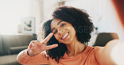 Buy stock photo Peace sign, selfie and portrait of woman in home with relax on holiday, calm or weekend break with memory. Happy, pov and female person with photography picture for social media post in apartment.