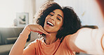 Happy, selfie and portrait of woman in house with relax on holiday, leave or weekend break with memory. Smile, calm and female person with photography picture for social media post in apartment.