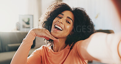 Buy stock photo Happy, selfie and portrait of woman in house with relax on holiday, calm or weekend break with memory. Smile, pov and female person with photography picture for social media post in apartment.
