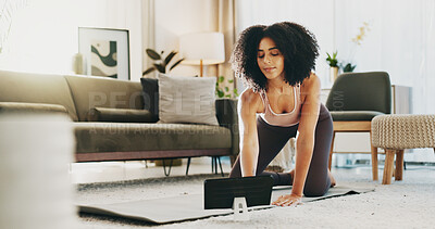 Buy stock photo Woman, yoga mat and tablet in home for video, tutorial or online course for wellness on floor. Person, smile and tech for virtual class, fitness or streaming subscription on application at apartment