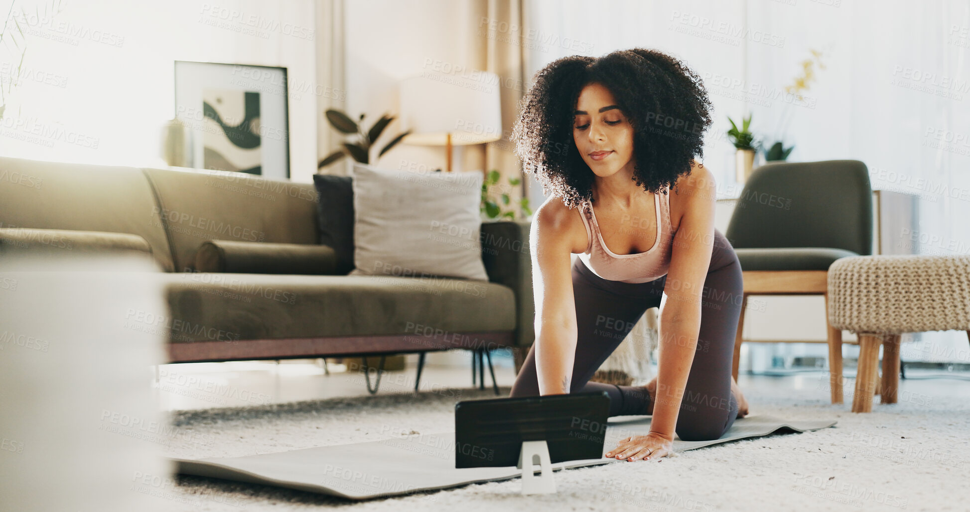 Buy stock photo Woman, yoga mat and tablet in home for video, tutorial or online course for wellness on floor. Person, smile and tech for virtual class, fitness or streaming subscription on application at apartment
