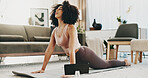 Yoga, fitness and woman with tablet on floor, stretching and endurance for wellness routine in house. Self care, physical activity and person with balance for cobra pose, breathing and tech for video