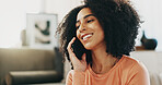 Happy, phone call and woman in home for communication, gossip or networking in living room. Smile, cellphone and female person on mobile conversation for catch up, contact or connection in apartment.