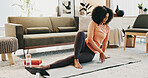 Woman, mindfulness and stretching with tablet in living room, fitness and routine for mental health. Self care, wellness and African person with balance for asana pose, home and tech for yoga tips