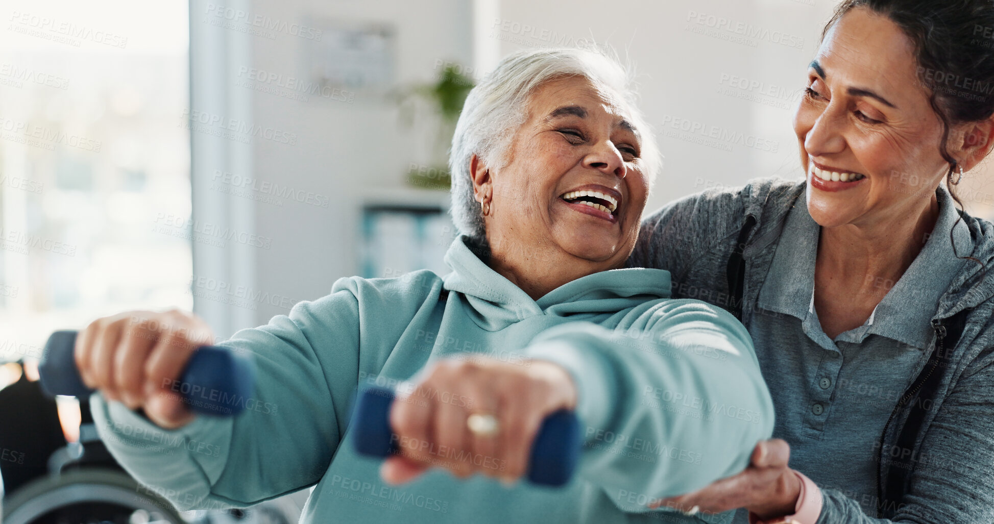 Buy stock photo Woman, physiotherapist and weights with smile for progress, medical help for recovery. People, mature patient with a disability and dumbbell exercise for injury, rehabilitation and gear at clinic