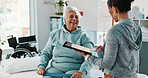 Physiotherapist, tablet and old woman in clinic with laugh, funny conversation or research for healing. Healthcare worker, tech and senior person with smile, joke or medical help for physical therapy
