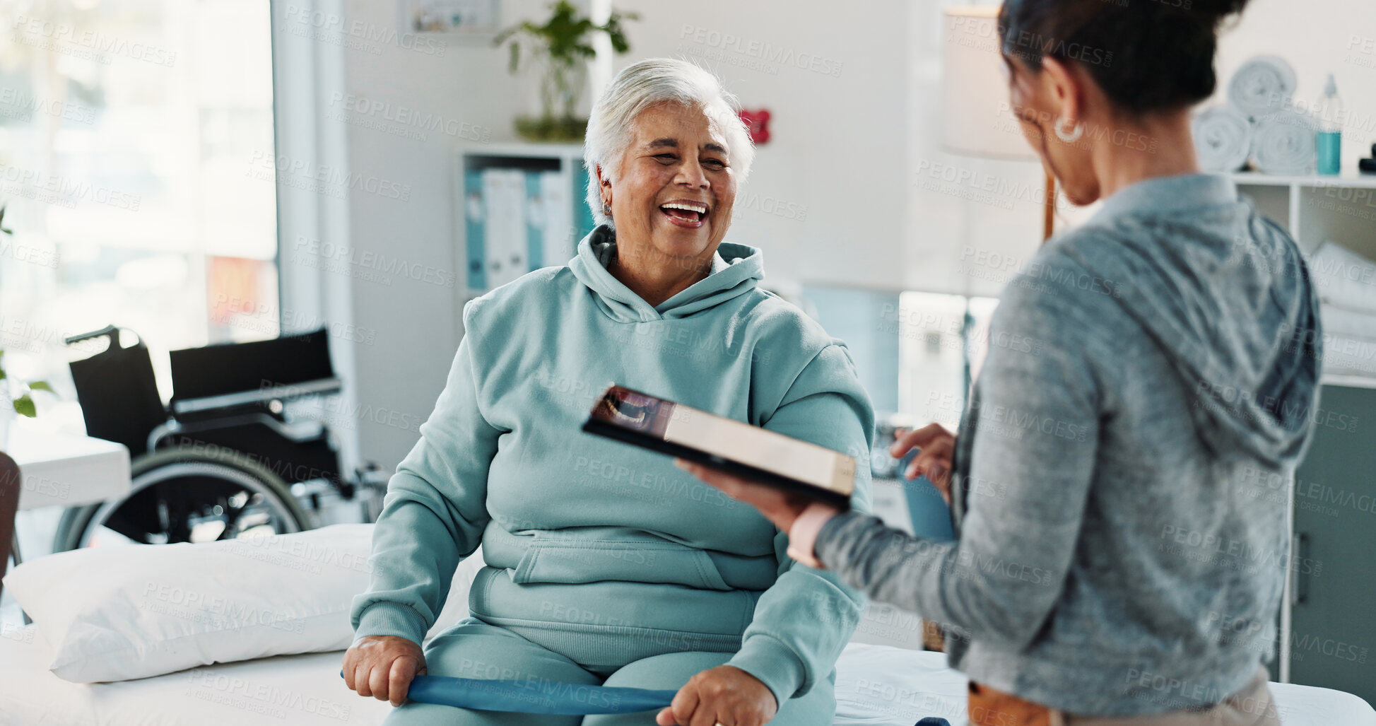Buy stock photo Physiotherapist, tablet and old woman in clinic with laugh, funny conversation or research for healing. Healthcare worker, tech and senior person with smile, joke or medical help for physical therapy
