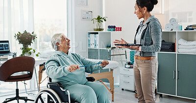 Buy stock photo Old woman, physiotherapist and tablet with wheelchair for consultation, talk or injury at clinic. Elderly person with disability, healthcare professional and tech on app, recovery and rehabilitation