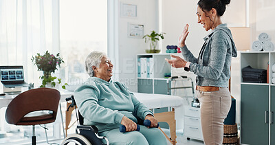 Buy stock photo Physiotherapy, wheelchair and woman with senior patient with weights for wellness, strength or support. Healthcare, physical therapist and person with disability for health goals, recovery or healing