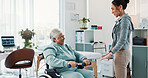 Old woman, physiotherapist and wheelchair for dumbbells at hospital for exercise, support or recovery for injury. Person with disability, guide and smile for motivation, healing or rehabilitation
