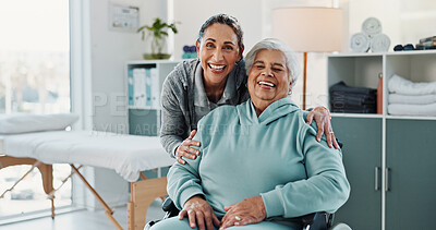 Buy stock photo Portrait, physiotherapist and old woman in clinic with wheelchair, funny joke and support for healing. Happy, healthcare worker and senior person with disability, humor and help for physical therapy.