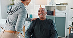 Physiotherapist, support and old man in clinic with smile, wellness update or feedback for recovery. Happy, healthcare worker and elderly person with discussion, healing or help for physical therapy.