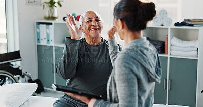 Buy stock photo Physiotherapist, tablet and old man in clinic with high five, medical help or good news for healing. Healthcare worker, tech and senior person with celebration, smile or physical therapy for recovery