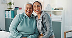 Smile, portrait and physiotherapist with senior woman in office for rehabilitation, support or healthcare. Happy, hug and chiropractor with elderly female patient in retirement for checkup at clinic.