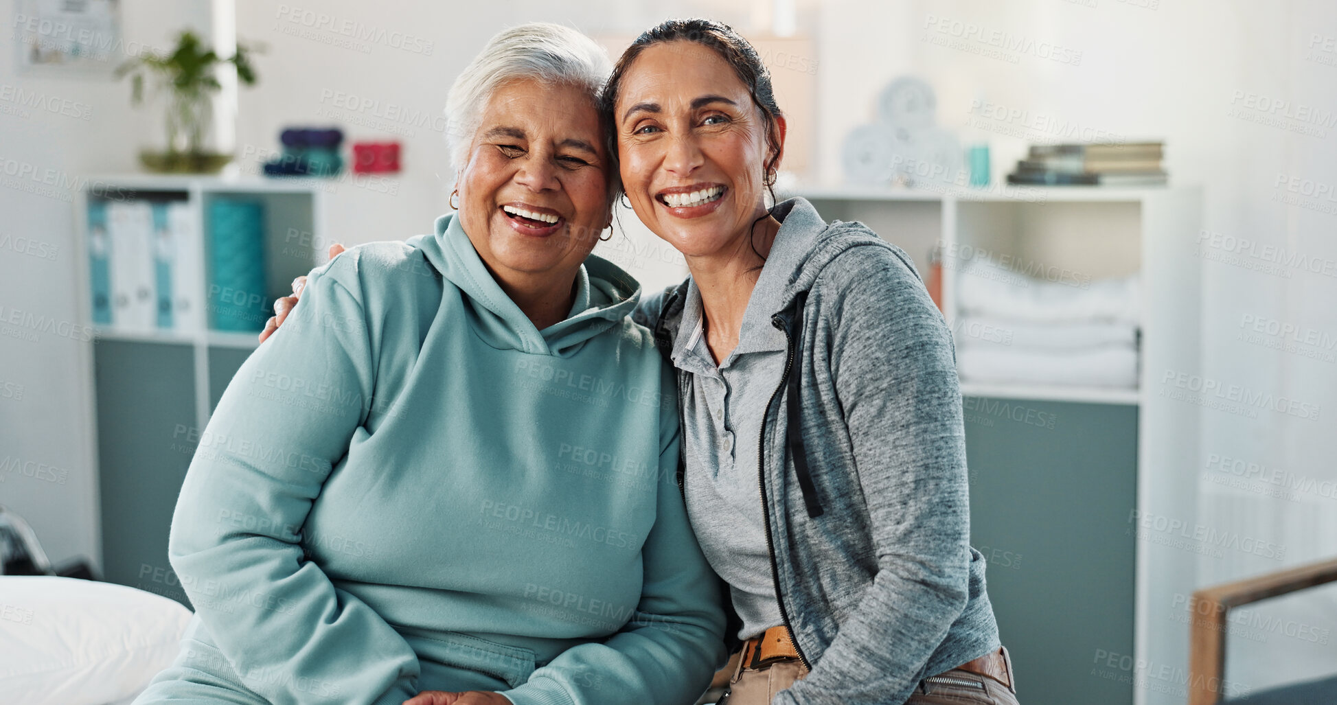 Buy stock photo Smile, portrait and physiotherapist with senior woman in office for rehabilitation, support or healthcare. Happy, hug and chiropractor with elderly female patient in retirement for checkup at clinic.